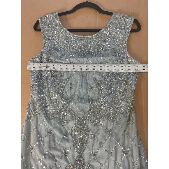 ADRIANNA PAPELL DRESS 10 GOWN SEQUIN BEADED LATTICE BLUE GRAY SLEEVELESS GODETS - Picture 13 of 16